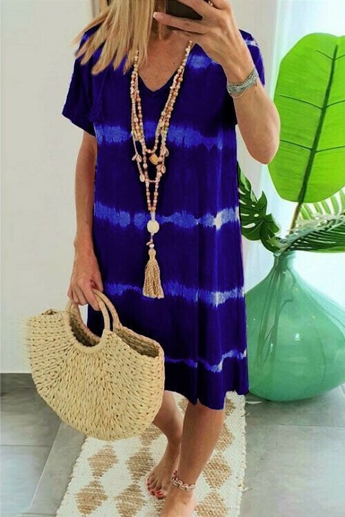 👗Tie-Dye Striped Short Sleeve T-Shirt Dress – Soft & flowy – Perfect for summer, beach or casual days – comfortable and stylish 🌊✨