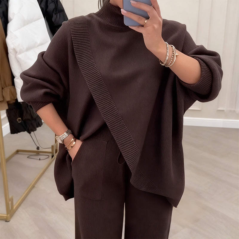 ! Women's 2-piece set – Asymmetrical sweater + wide-leg pants, relaxed fit and soft fabric, ultra comfortable 👚✨