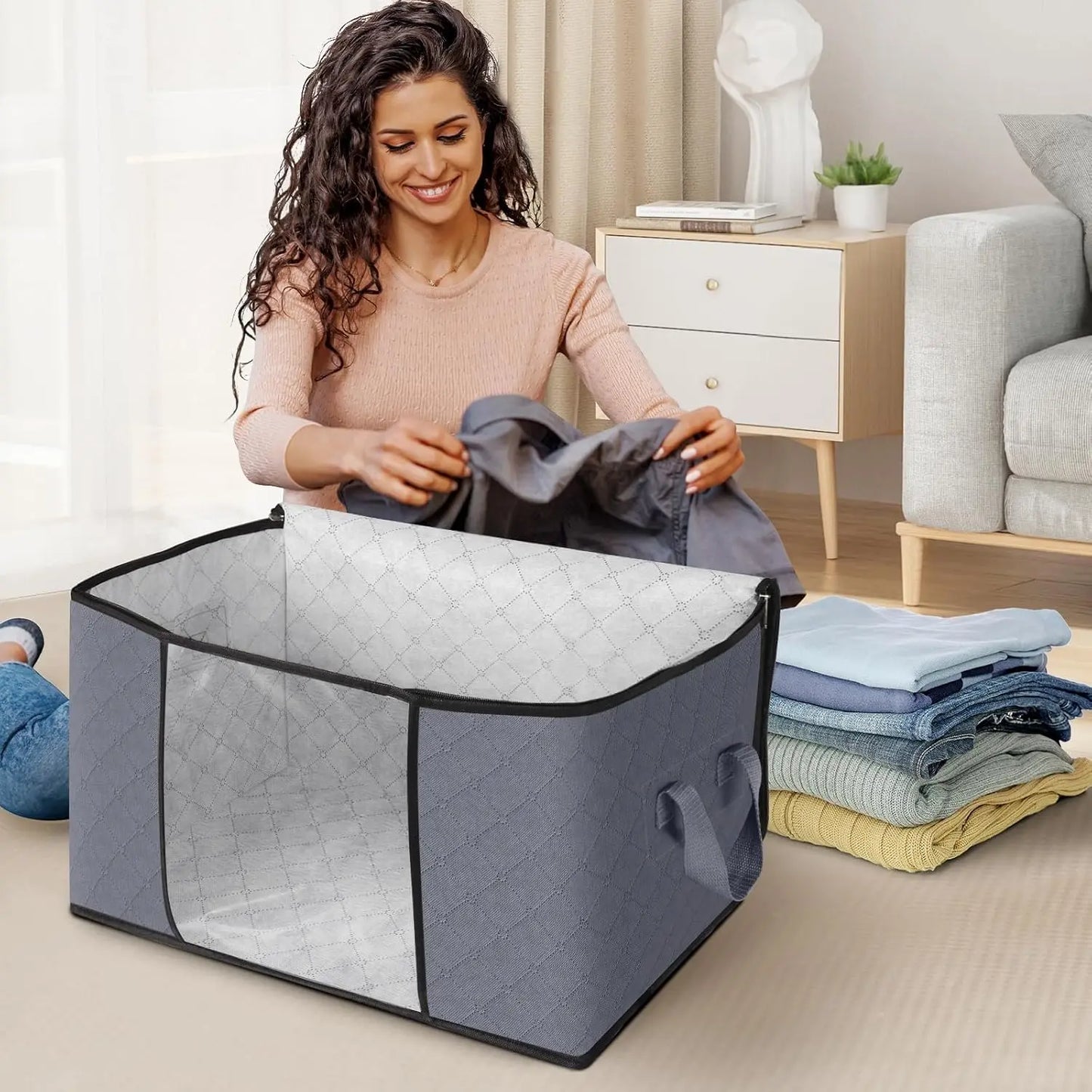6-piece/12 piece clothing storage bag with foldable thick cloth blanket, used for organizing clothing storage bags and bedding bags (gray)