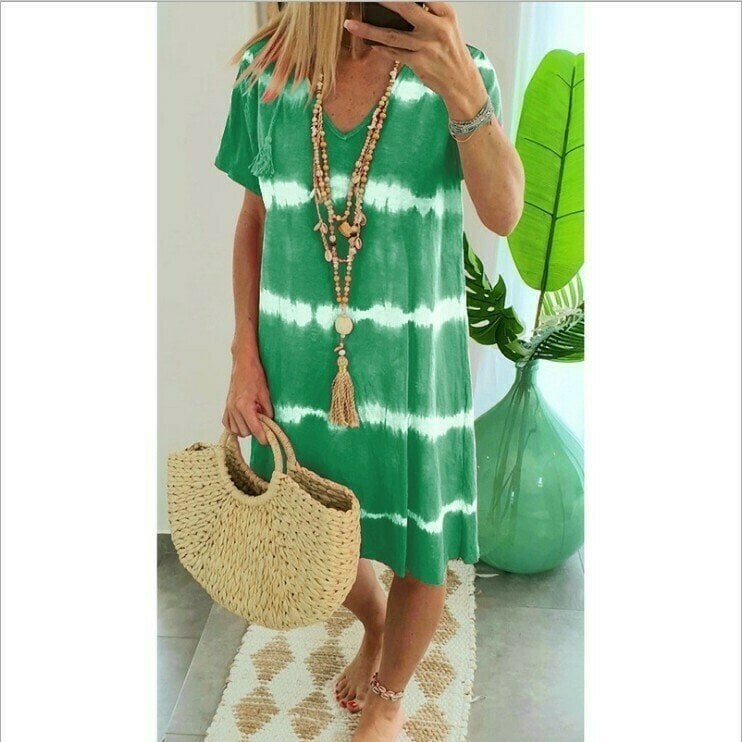 👗Tie-Dye Striped Short Sleeve T-Shirt Dress – Soft & flowy – Perfect for summer, beach or casual days – comfortable and stylish 🌊✨