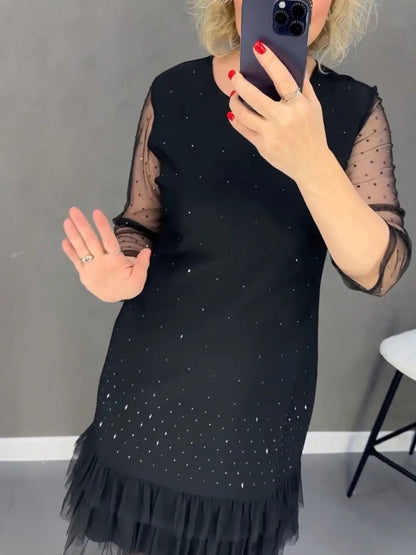 ✨ Flattering Elegance | Women's Rhinestone Round-Neck Midi Dress
