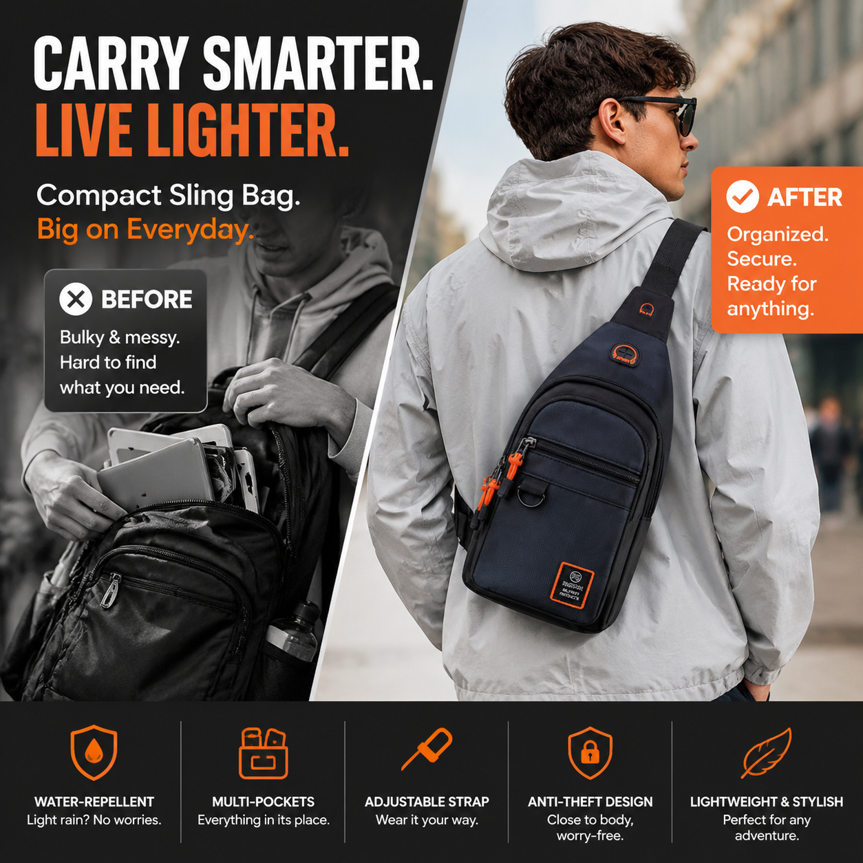 🎒 LIMITED-TIME 50% OFF! ✨ Waterproof Multi-pocket Crossbody Sling Bag – Organized Storage, Adjustable Strap, Headphone Jack 🌧️