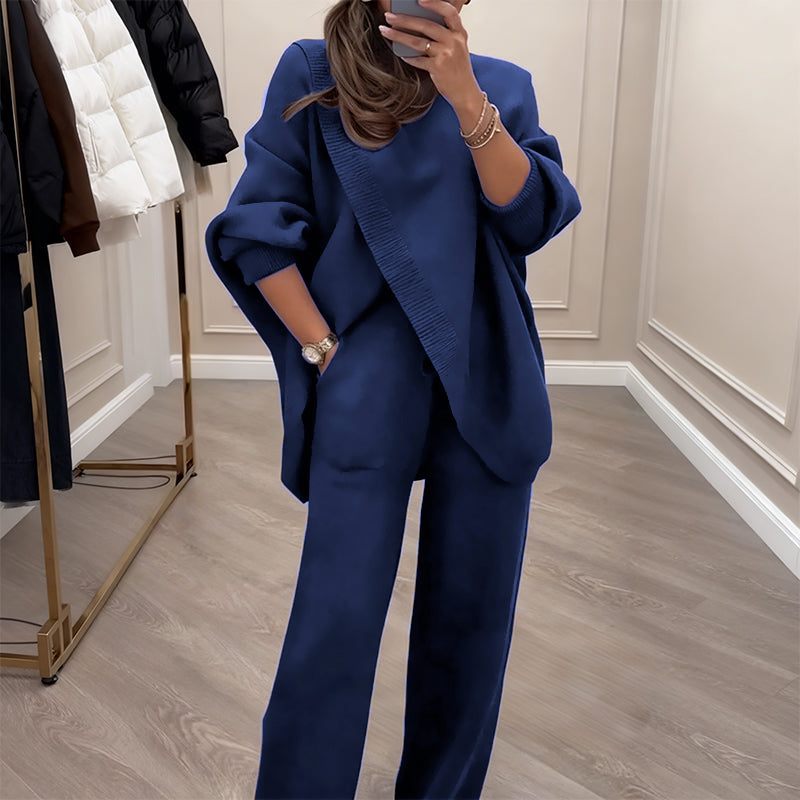 ! Women's 2-piece set – Asymmetrical sweater + wide-leg pants, relaxed fit and soft fabric, ultra comfortable 👚✨