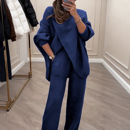 ! Women's 2-piece set – Asymmetrical sweater + wide-leg pants, relaxed fit and soft fabric, ultra comfortable 👚✨