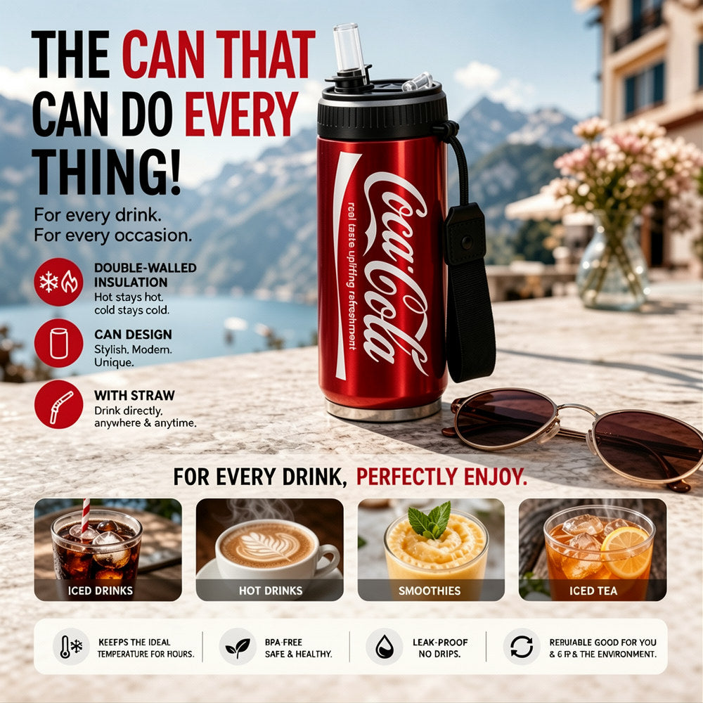 🥤Double-walled, insulated stainless steel cup in the shape of a cola can.