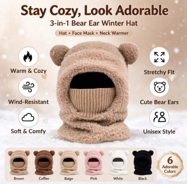 ⏳🎁50% OFF!!!-Ready for Winter!!!❄️🐻3-in-1 Cute Bear Ear Fleece Plush Winter Hat