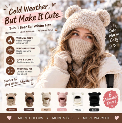 ⏳🎁50% OFF!!!-Ready for Winter!!!❄️🐻3-in-1 Cute Bear Ear Fleece Plush Winter Hat