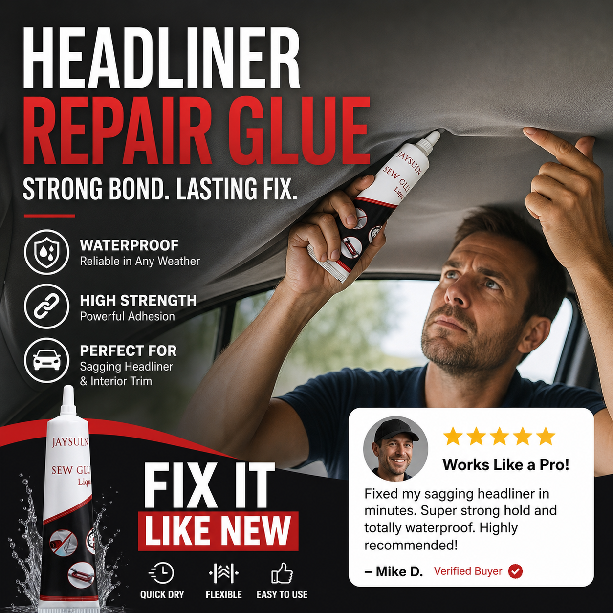 🎉49K+ Sold 🚗 Waterproof Car Headliner Repair Glue, High Strength Adhesive for Sagging Car Ceiling & Interior