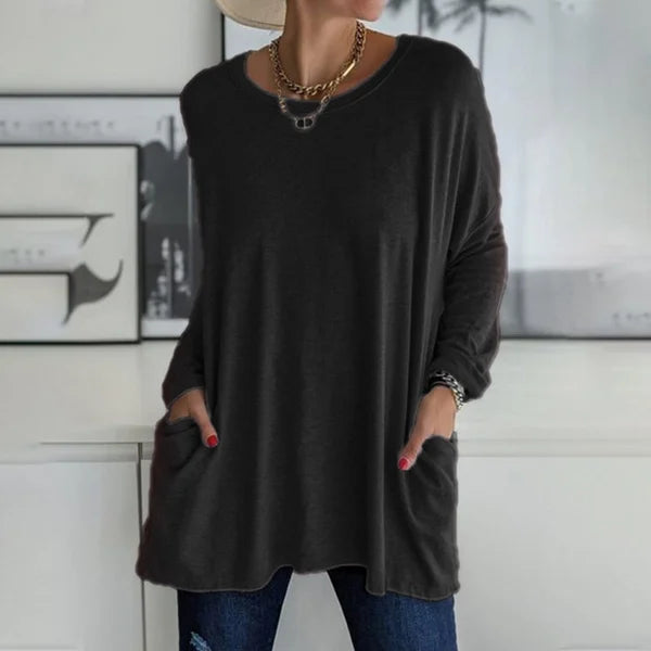 🔥Women's Loose-Fit Long-Sleeve Pocket Tunic with a Flattering Longer Length, Relaxed Silhouette, and Everyday Casual Charm