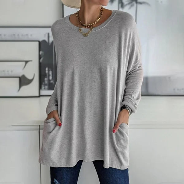 🔥Women's Loose-Fit Long-Sleeve Pocket Tunic with a Flattering Longer Length, Relaxed Silhouette, and Everyday Casual Charm