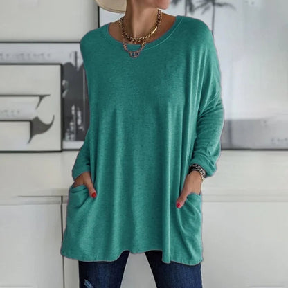 🔥Women's Loose-Fit Long-Sleeve Pocket Tunic with a Flattering Longer Length, Relaxed Silhouette, and Everyday Casual Charm