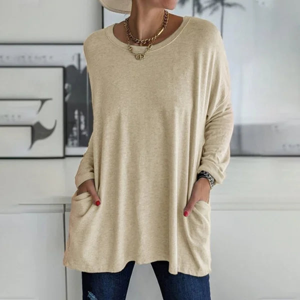 🔥Women's Loose-Fit Long-Sleeve Pocket Tunic with a Flattering Longer Length, Relaxed Silhouette, and Everyday Casual Charm