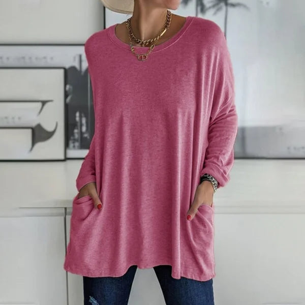 🔥Women's Loose-Fit Long-Sleeve Pocket Tunic with a Flattering Longer Length, Relaxed Silhouette, and Everyday Casual Charm