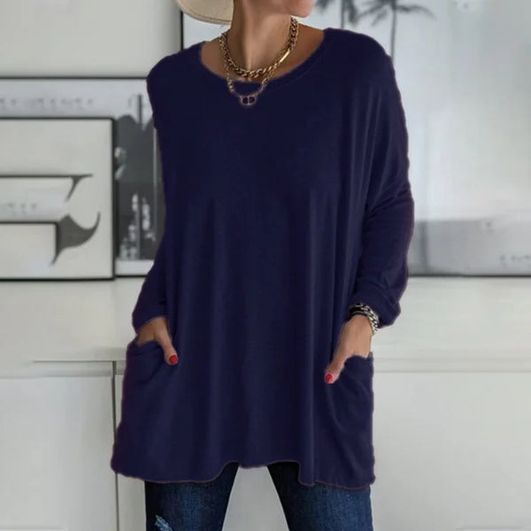 🔥Women's Loose-Fit Long-Sleeve Pocket Tunic with a Flattering Longer Length, Relaxed Silhouette, and Everyday Casual Charm