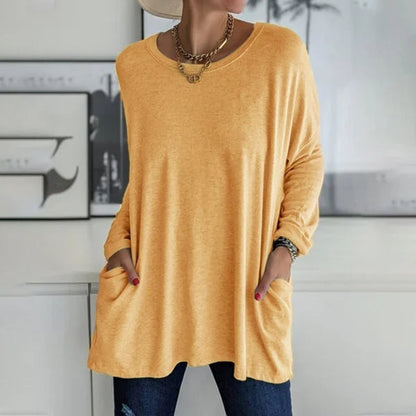 🔥Women's Loose-Fit Long-Sleeve Pocket Tunic with a Flattering Longer Length, Relaxed Silhouette, and Everyday Casual Charm