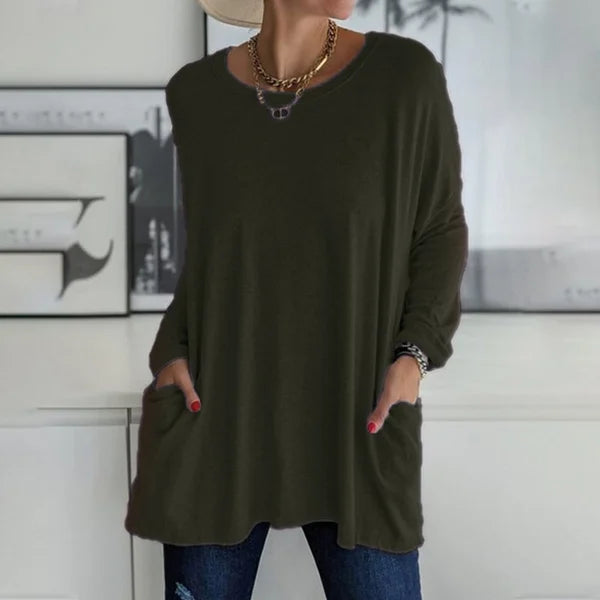 🔥Women's Loose-Fit Long-Sleeve Pocket Tunic with a Flattering Longer Length, Relaxed Silhouette, and Everyday Casual Charm