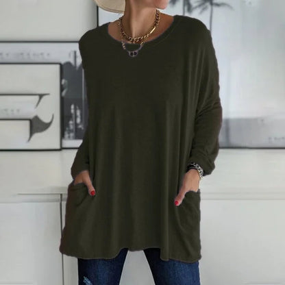 🔥Women's Loose-Fit Long-Sleeve Pocket Tunic with a Flattering Longer Length, Relaxed Silhouette, and Everyday Casual Charm