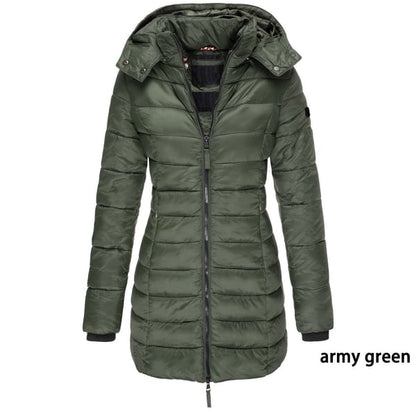Winter women's mid-length padded jacket warm solid color hooded jacket