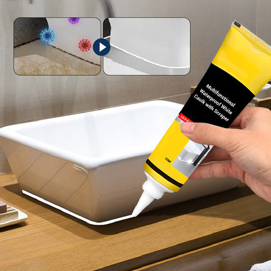 🧰 Waterproof White Caulk with Scraper🔥All-in-One Sealant for Bathroom, Kitchen & Tile Gaps