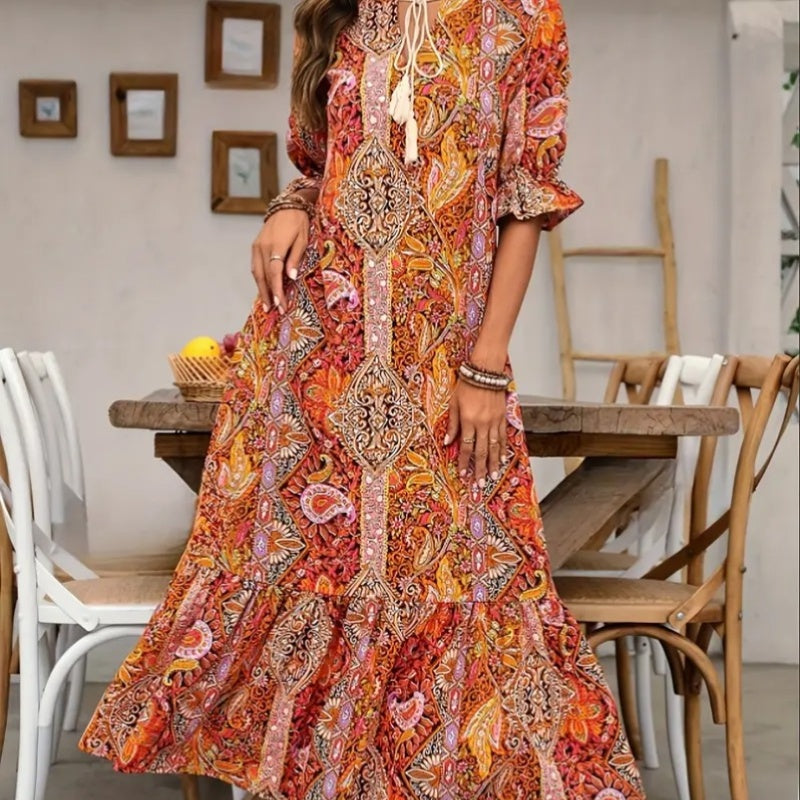 V-Neck Bohemian Side Split Flowy Dress