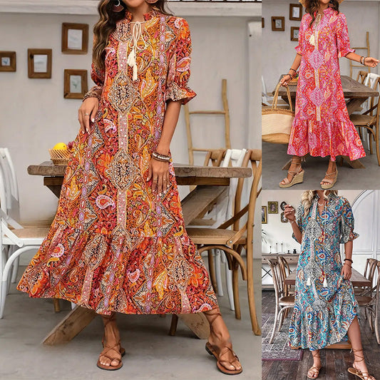 V-Neck Bohemian Side Split Flowy Dress