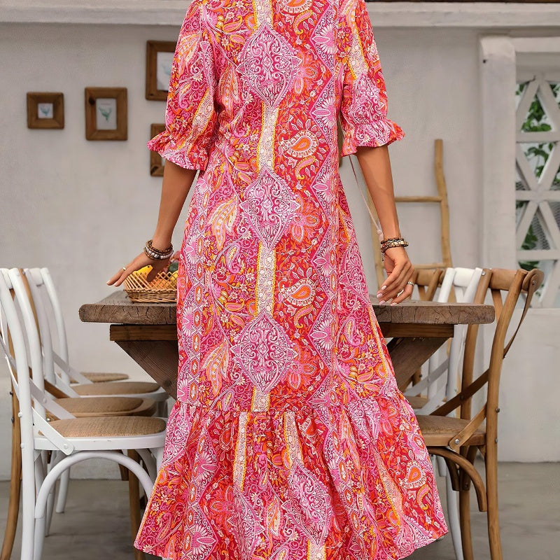 V-Neck Bohemian Side Split Flowy Dress