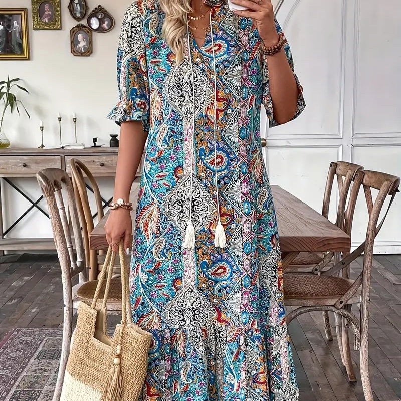 V-Neck Bohemian Side Split Flowy Dress