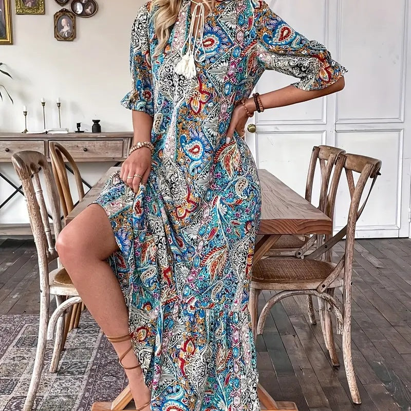 V-Neck Bohemian Side Split Flowy Dress