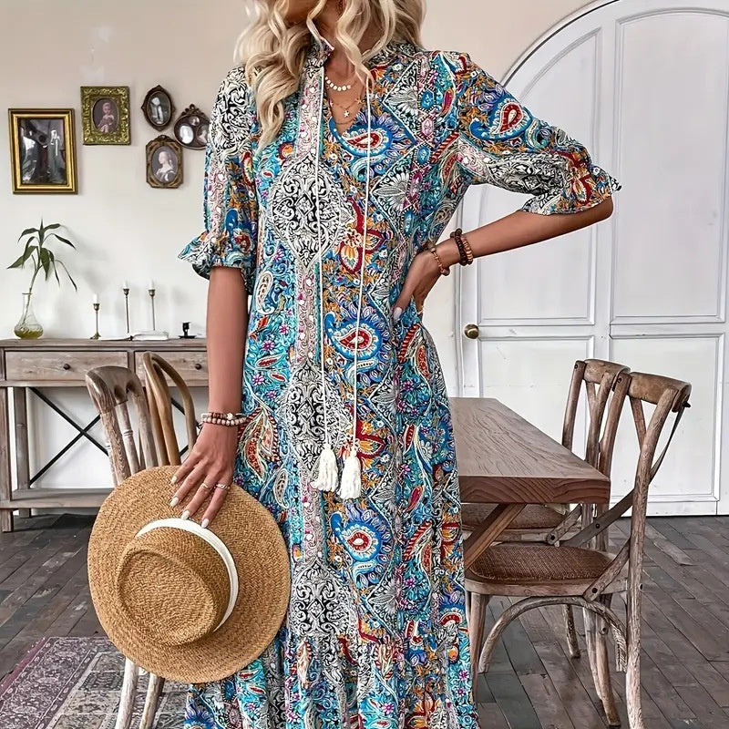 V-Neck Bohemian Side Split Flowy Dress