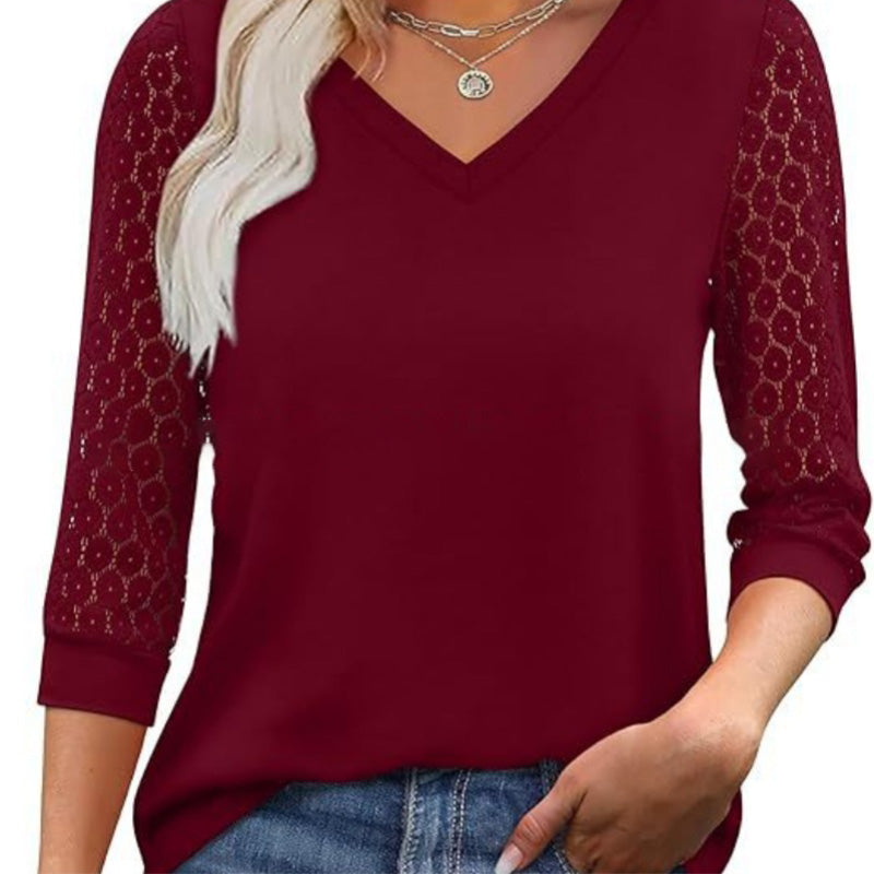 🔥Women's Casual V-Neck Lace 3/4 Length Sleeve Top