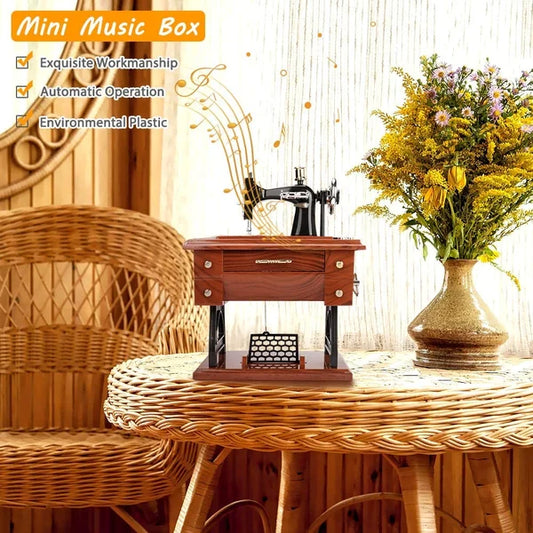 🧵🪡Wood Mini Sewing Machine Music Box – Handcrafted Retro Decor with Moving Parts & Nostalgic Melody🎁