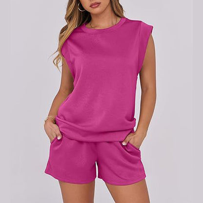 🌞Summer Sale 50% OFF🔥Women's Cap Sleeve Crewneck Top & Drawstring Shorts 2-Piece Set