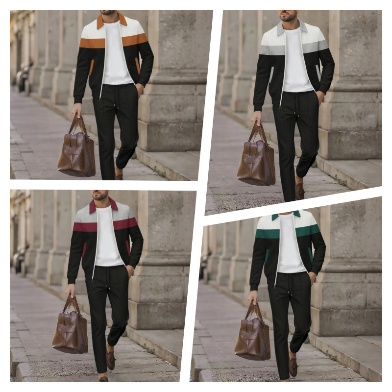 Trendy Men's Two-Piece Set - Color-Block Jacket & Pants