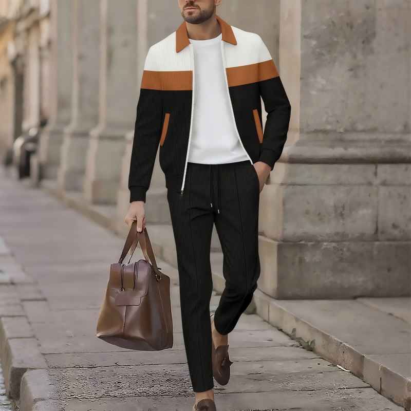 Trendy Men's Two-Piece Set - Color-Block Jacket & Pants
