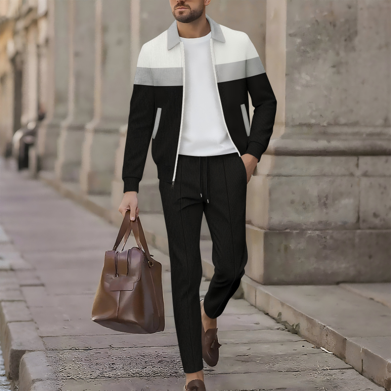 Trendy Men's Two-Piece Set - Color-Block Jacket & Pants