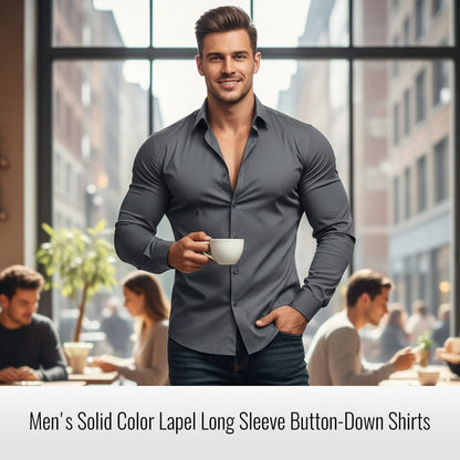 ⏰Men's Solid Color Lapel Long Sleeve Button-Down Shirts