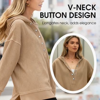 🎉 LIMITED TIME 50% OFF! 🧥 Women's Fashion Long Sleeve Hoodie – V-Neck Button Detail, Relaxed Fit & Side Slits – Effortlessly Chic 🌸✨
