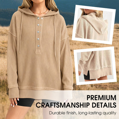 🎉 LIMITED TIME 50% OFF! 🧥 Women's Fashion Long Sleeve Hoodie – V-Neck Button Detail, Relaxed Fit & Side Slits – Effortlessly Chic 🌸✨