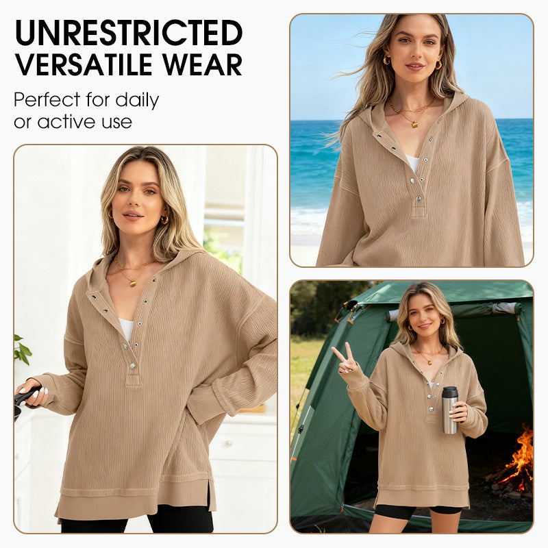 🎉 LIMITED TIME 50% OFF! 🧥 Women's Fashion Long Sleeve Hoodie – V-Neck Button Detail, Relaxed Fit & Side Slits – Effortlessly Chic 🌸✨
