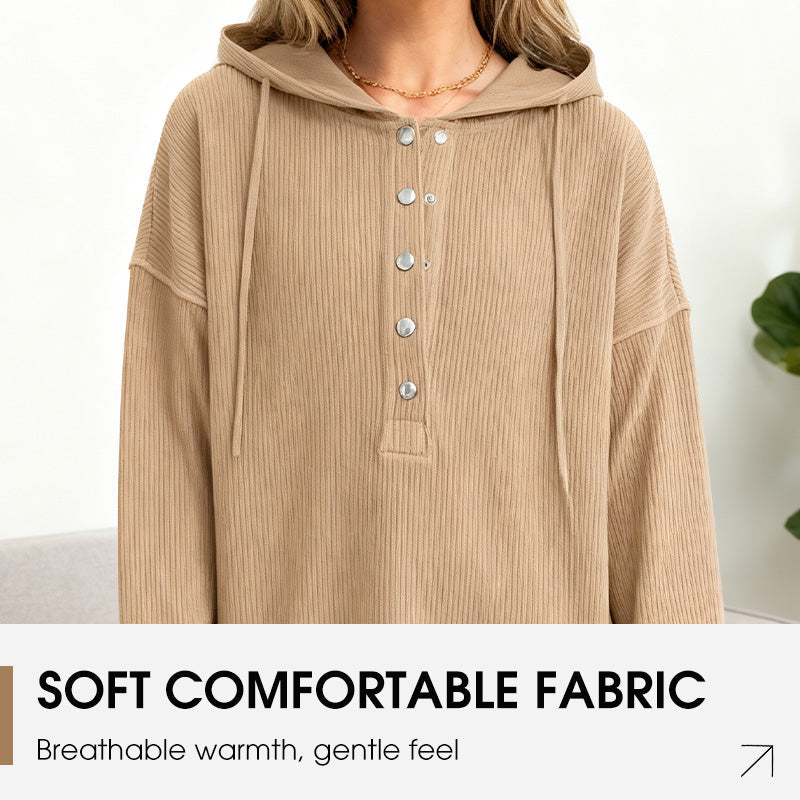 🎉 LIMITED TIME 50% OFF! 🧥 Women's Fashion Long Sleeve Hoodie – V-Neck Button Detail, Relaxed Fit & Side Slits – Effortlessly Chic 🌸✨