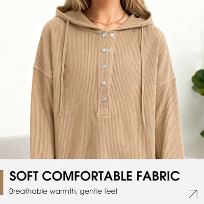 🎉 LIMITED TIME 50% OFF! 🧥 Women's Fashion Long Sleeve Hoodie – V-Neck Button Detail, Relaxed Fit & Side Slits – Effortlessly Chic 🌸✨