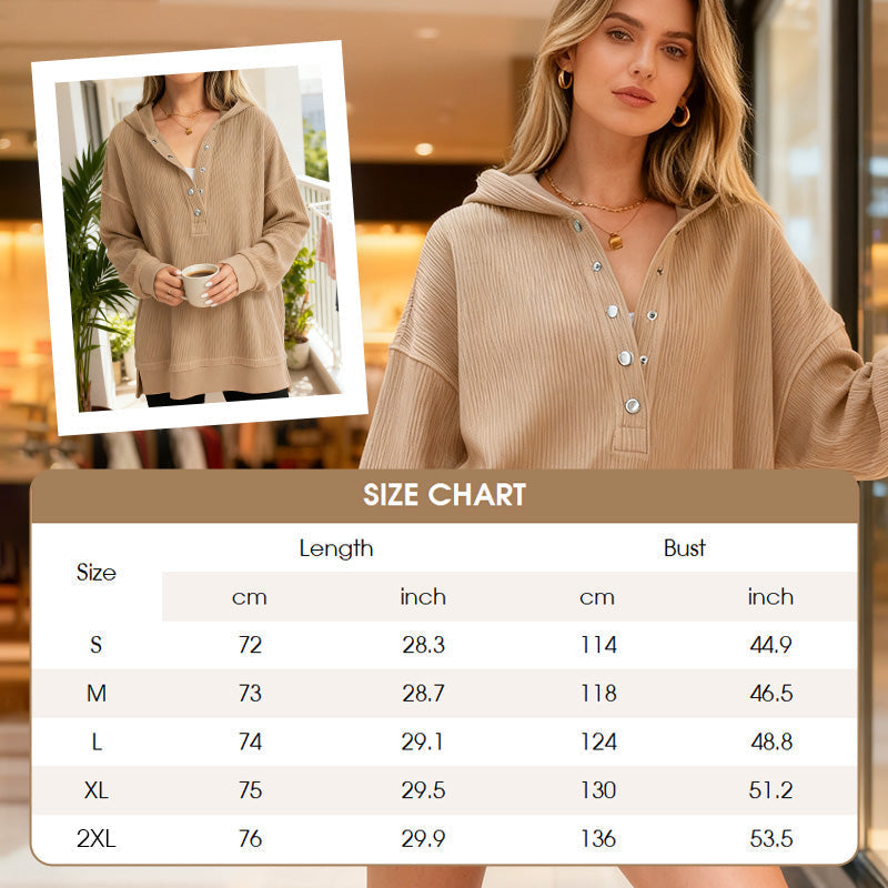 🎉 LIMITED TIME 50% OFF! 🧥 Women's Fashion Long Sleeve Hoodie – V-Neck Button Detail, Relaxed Fit & Side Slits – Effortlessly Chic 🌸✨