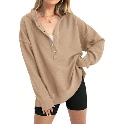 🎉 LIMITED TIME 50% OFF! 🧥 Women's Fashion Long Sleeve Hoodie – V-Neck Button Detail, Relaxed Fit & Side Slits – Effortlessly Chic 🌸✨