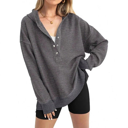 🎉 LIMITED TIME 50% OFF! 🧥 Women's Fashion Long Sleeve Hoodie – V-Neck Button Detail, Relaxed Fit & Side Slits – Effortlessly Chic 🌸✨