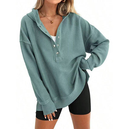 🎉 LIMITED TIME 50% OFF! 🧥 Women's Fashion Long Sleeve Hoodie – V-Neck Button Detail, Relaxed Fit & Side Slits – Effortlessly Chic 🌸✨