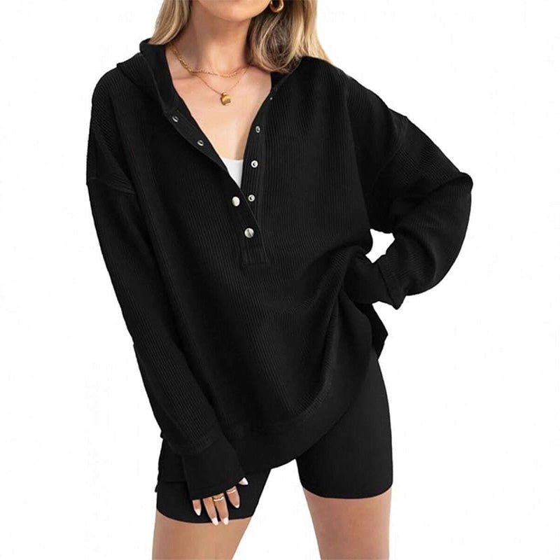 🎉 LIMITED TIME 50% OFF! 🧥 Women's Fashion Long Sleeve Hoodie – V-Neck Button Detail, Relaxed Fit & Side Slits – Effortlessly Chic 🌸✨