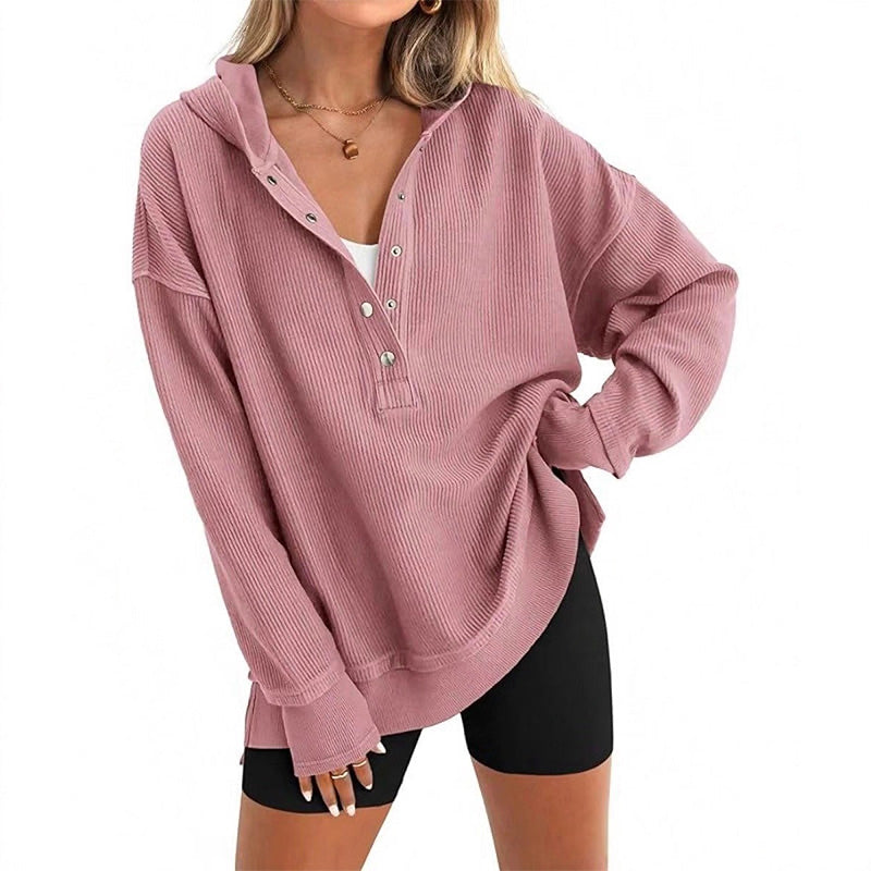 🎉 LIMITED TIME 50% OFF! 🧥 Women's Fashion Long Sleeve Hoodie – V-Neck Button Detail, Relaxed Fit & Side Slits – Effortlessly Chic 🌸✨