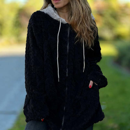 Cozy Warm Furry Hooded Jacquard Coat with Zipper