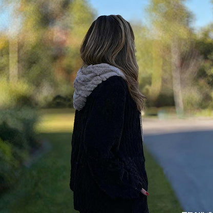 Cozy Warm Furry Hooded Jacquard Coat with Zipper