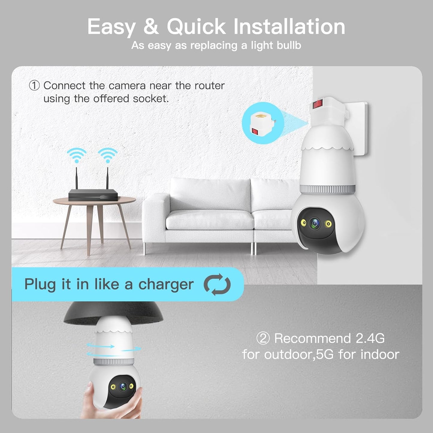 🔥All-New Upgrade✨4MP Light Bulb Security Camera 5G&2.4GHz Wireless Outdoor Indoor Camera with Night Vision